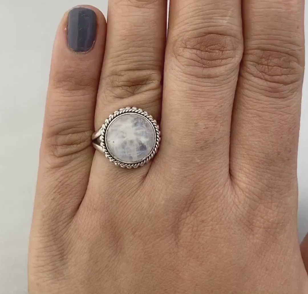 Rainbow Moonstone Ring, Handcrafted Sterling Silver Crescent Moon Face, Wedding Jewelry, Rainbow Ring