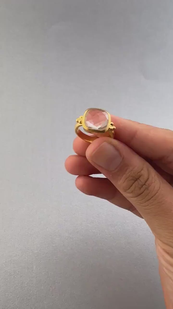 Clear Quartz Ring Gift For Friend, 925 Sterling Silver, Bridesmaid Gift, April Birthstone, Healing Crystal Jewelry, 18K Gold Micron Plated