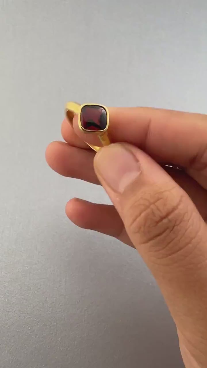 Garnet Signet Ring, 18K Gold Plated, January Birthstone, Passion Stone, Birthday Gift, Cushion Garnet Ring