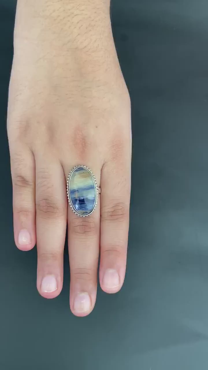Blue Jasper Sterling Silver Ring, Handmade Bohemian Jewelry Oval Statement Jewelry, Birthstone Ring, Gift For Her, Christmas Gift