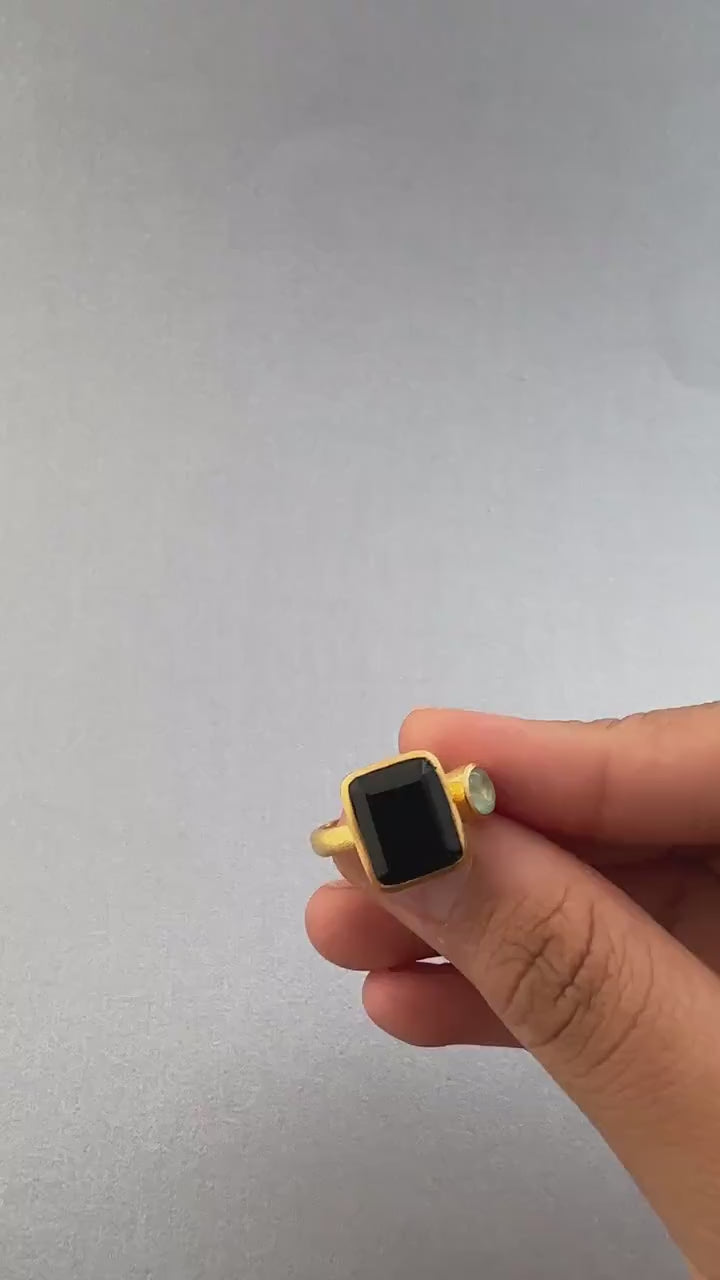 Black Onyx Rectangle Ring, 18K Gold, Two Stone, Woman Cocktail Ring, Handmade Onyx Ring, Boho Jewelry, Gift For Wife