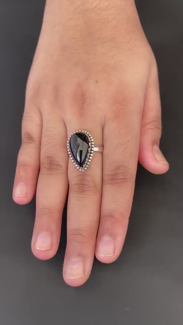 Black Onyx Teardrop Ring in Sterling Silver, Vintage Onyx Stone, Handmade Silver Black Onyx Ring, Retro Boho Jewelry Gift